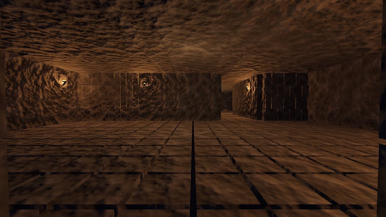 A torch-lit hall of dressed cut stone