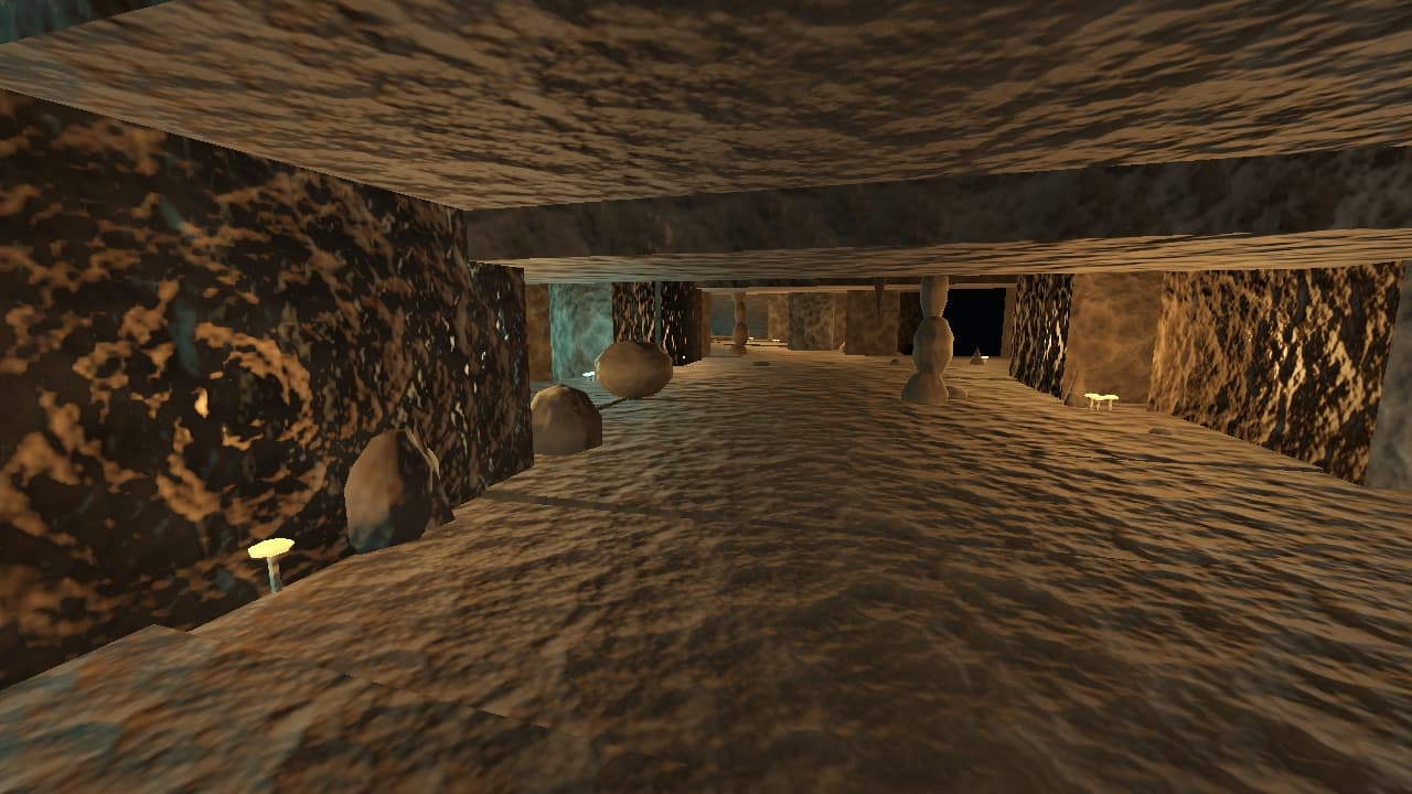 An organic rock cavern lit by glowing fungus