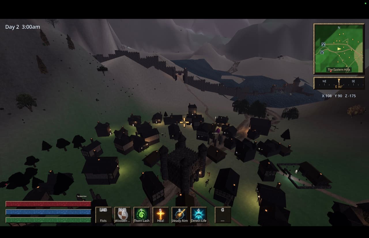 A walled hill-town seen from a ridge above at night — lamplit cottages clustered around a stone tower, a fortress wall climbing the dark green slopes behind