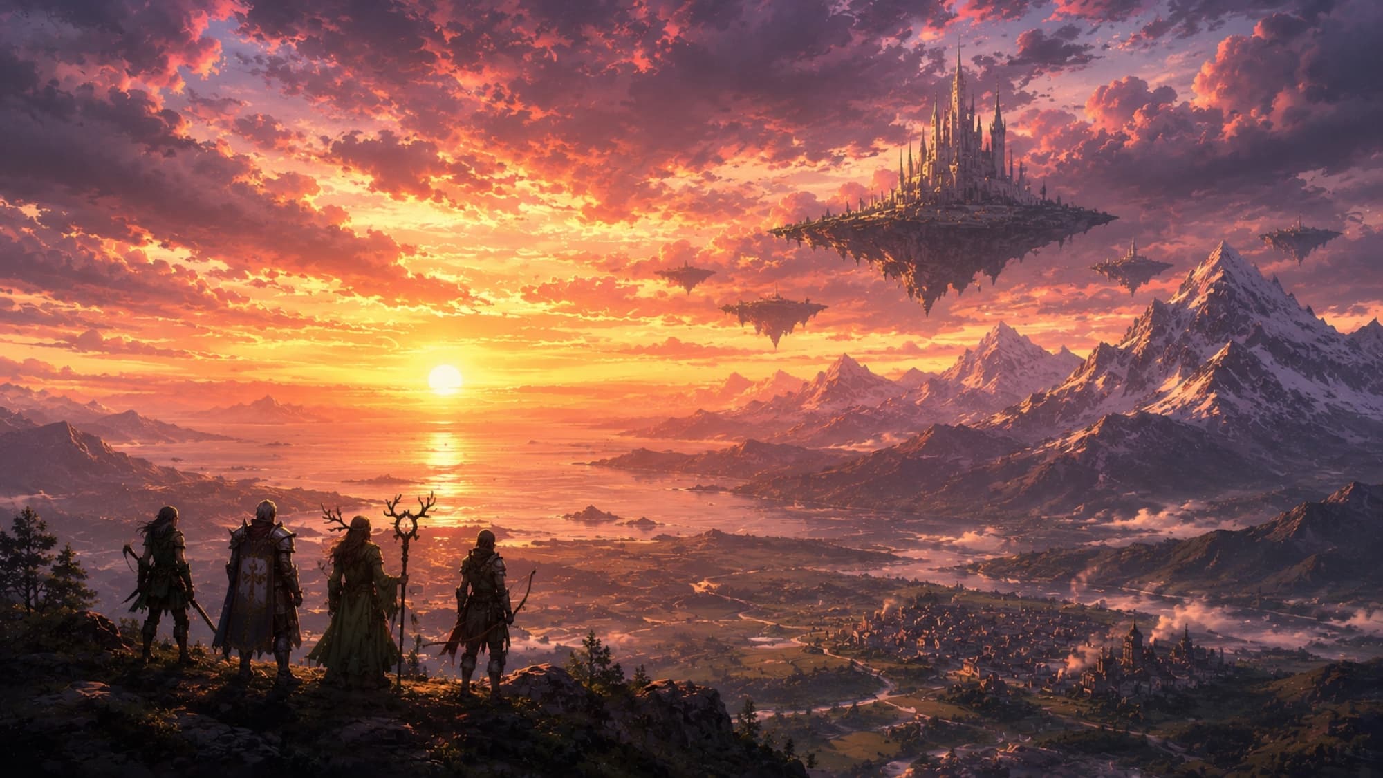 Key art: four heroes on a ridge overlooking a sunset valley, a castle floating above the far mountains