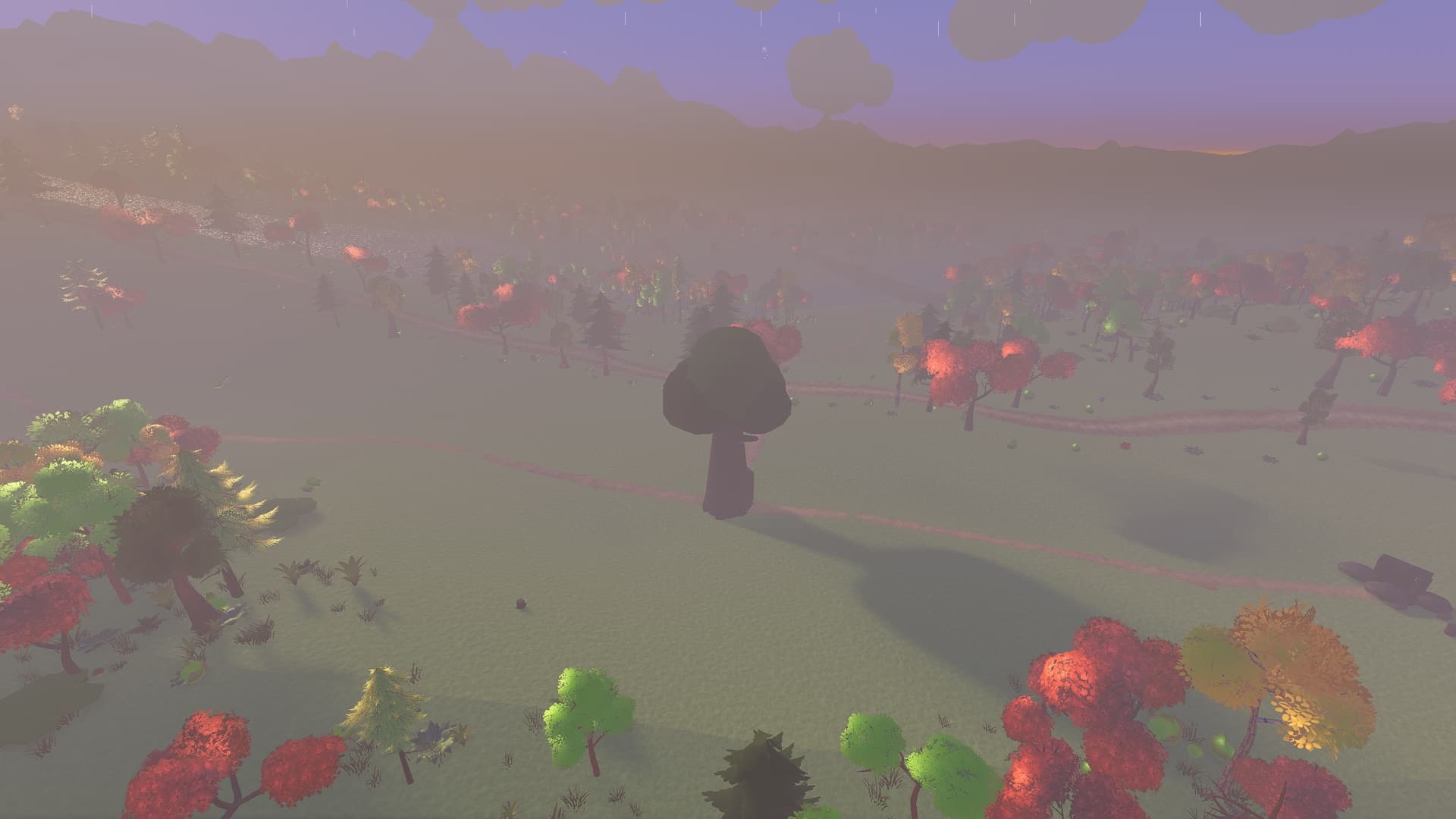 A great dark tree at dusk amid red foliage under a purple, foggy sky