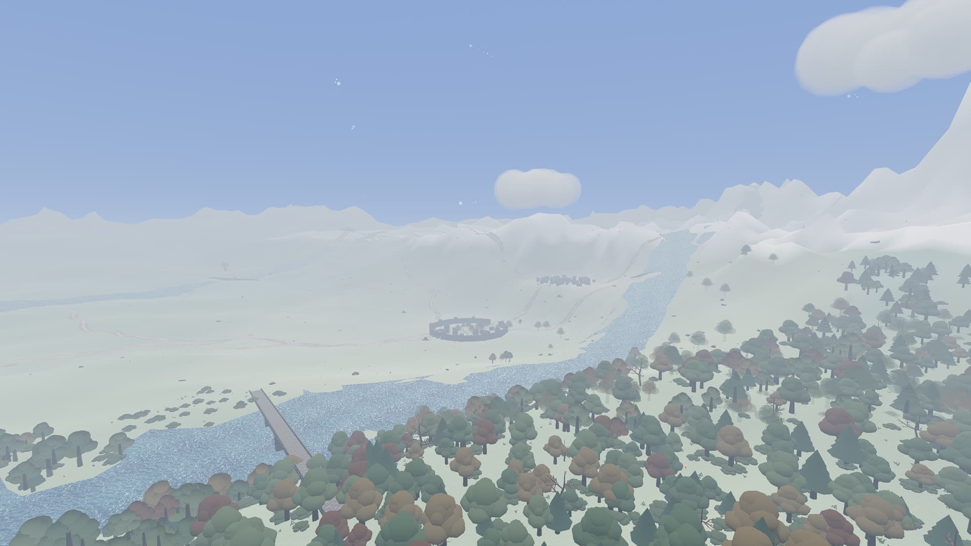 A hazy vista from a high overlook with a settlement, a river and a footbridge far below