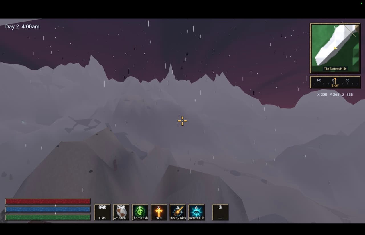 First-person view above the snowline at 4am, rain streaking down over pale jagged peaks under a purple sky
