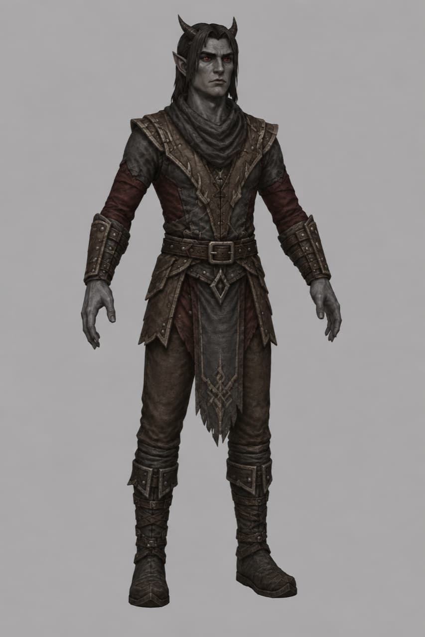 An Asheni man — grey skin, red eyes, dark horns swept back, in studded dark-leather Imperium armor