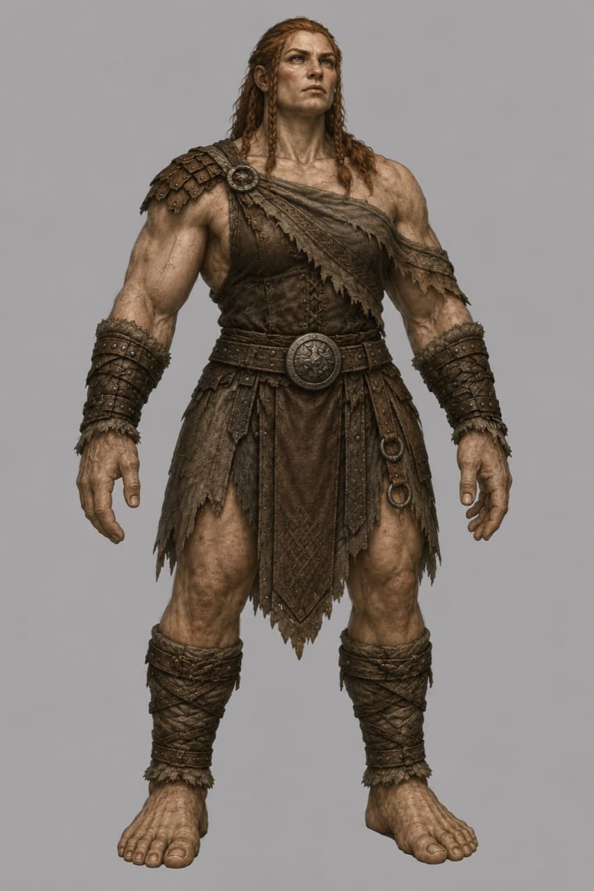A Korl woman — tall and powerfully built, red braided hair, a torn shoulder-wrap and studded leather skirt, banded forearms and shins, barefoot