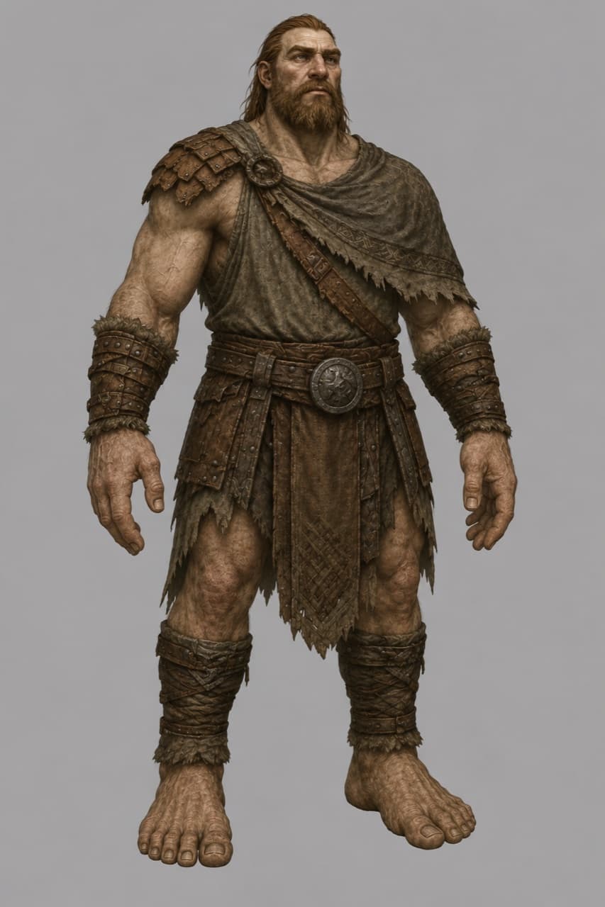 A Korl man — huge and bare-limbed, a worn shoulder-wrap and studded leather kilt, banded forearms, barefoot in the snow-country