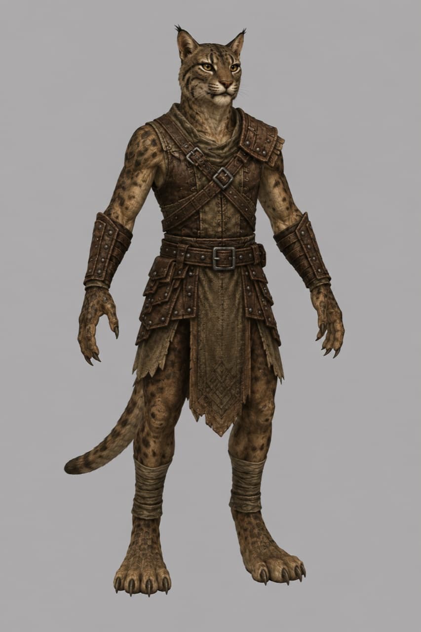 A Reshi man — spotted tawny fur, lynx-like feline face with tufted ears, clawed hands and a long tail, in a studded leather harness and skirt