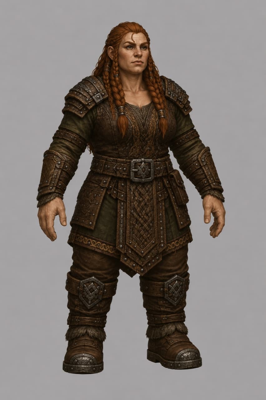 A Stoneborn woman — broad and stout, red braided hair, riveted plate-and-leather armor with geometric knotwork