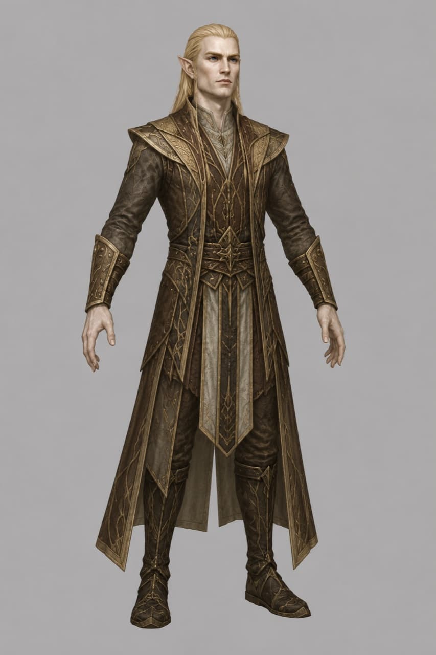 A Vyr man — tall and fair, long pale-gold hair, pointed ears, in an ornate gold-traced brown scholar's coat