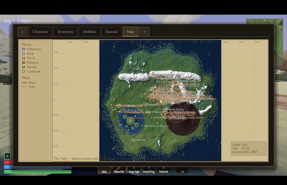 The in-game world map of the Vale, an island continent with discovery-gated place glyphs and a legend