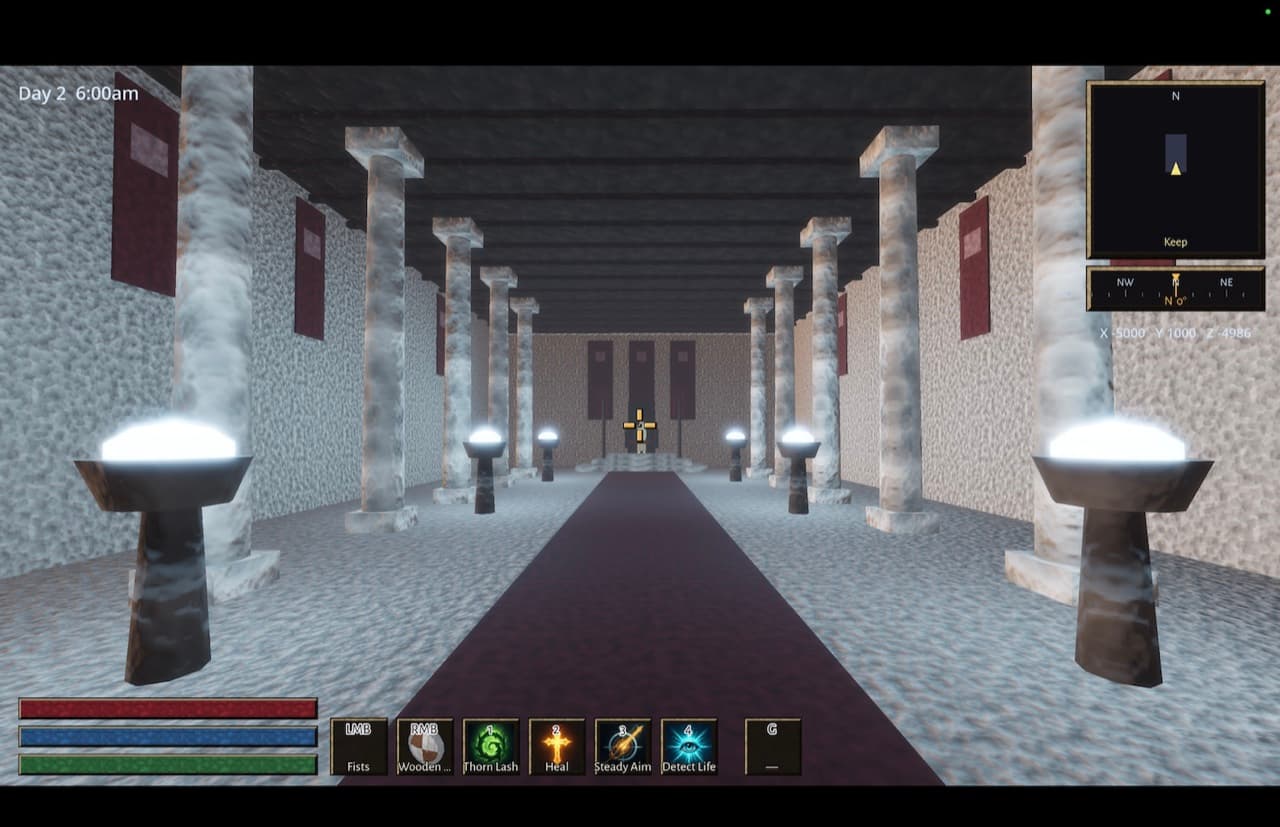 A torch-lit processional hall of pale stone pillars with a red carpet leading to a golden altar, white braziers burning down both sides