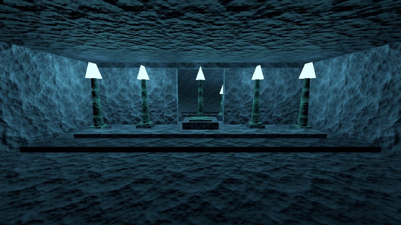 A symmetric stone hall lit by tall glowing resonator pillars around a pedestal